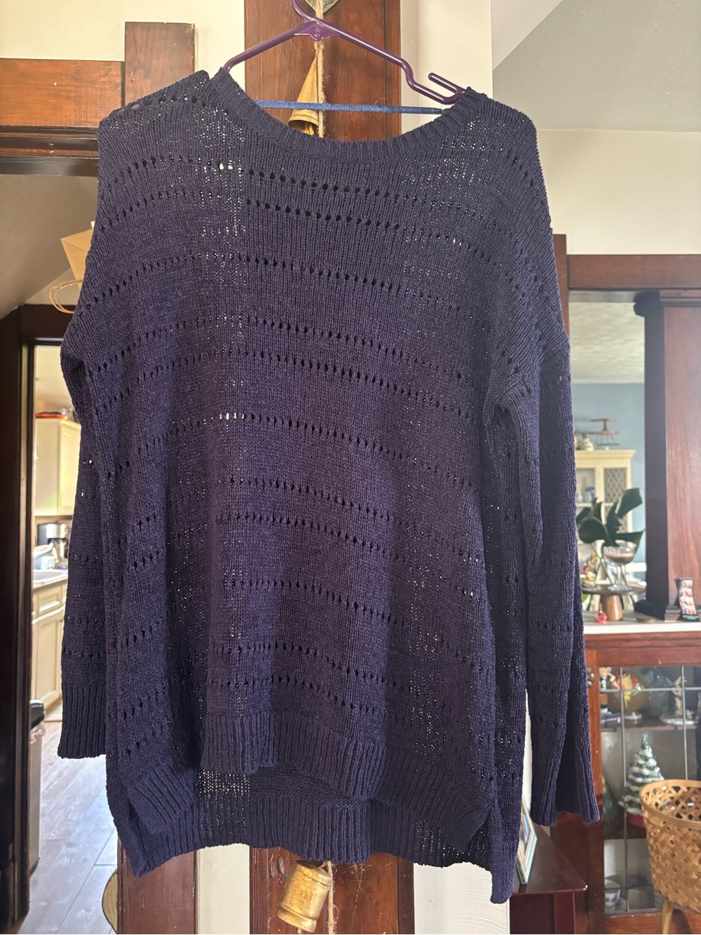 Open-Knit Crewneck Sweater in Deep Navy